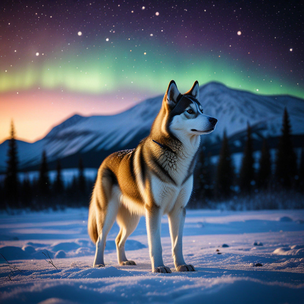 Husky in Winter Wonderland under Vibrant Northern Lights
