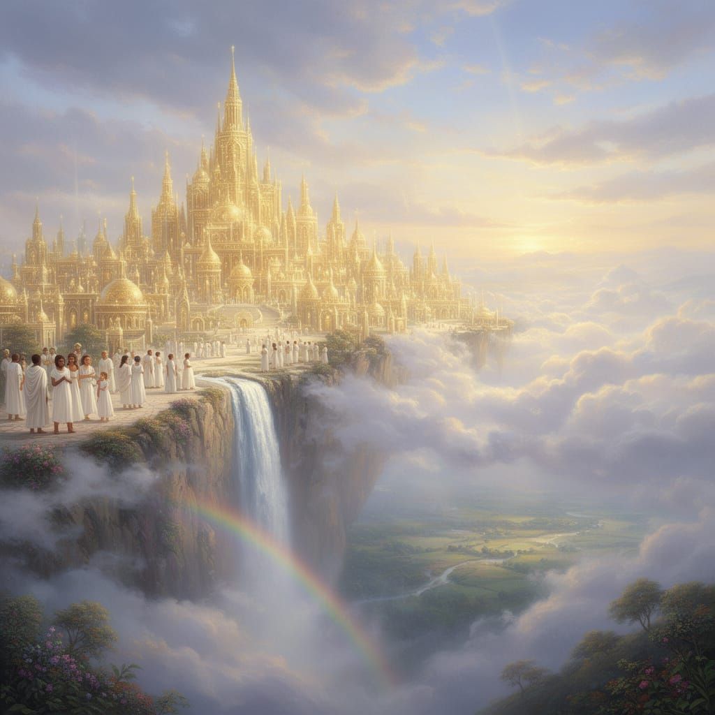 Golden City in Clouds with Diverse People and Waterfall