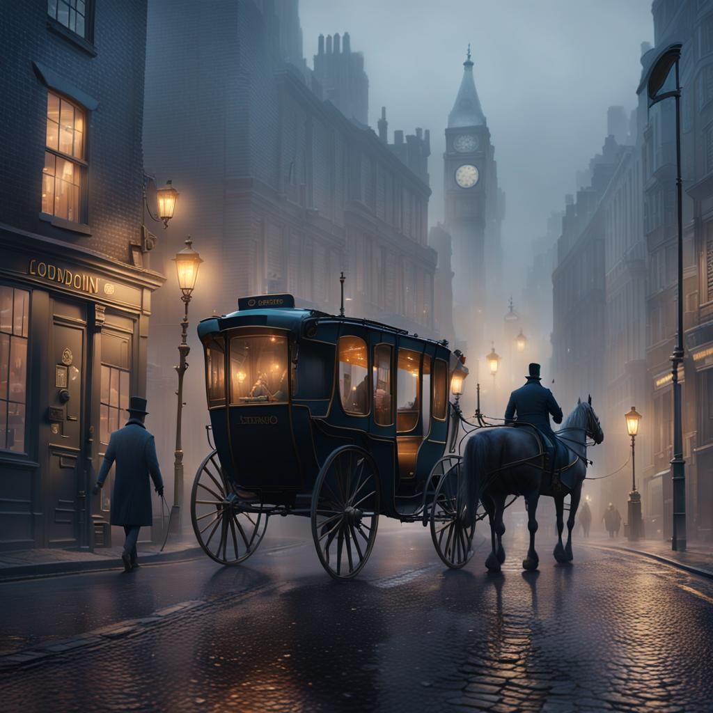 Hansom Cab in Misty London Street