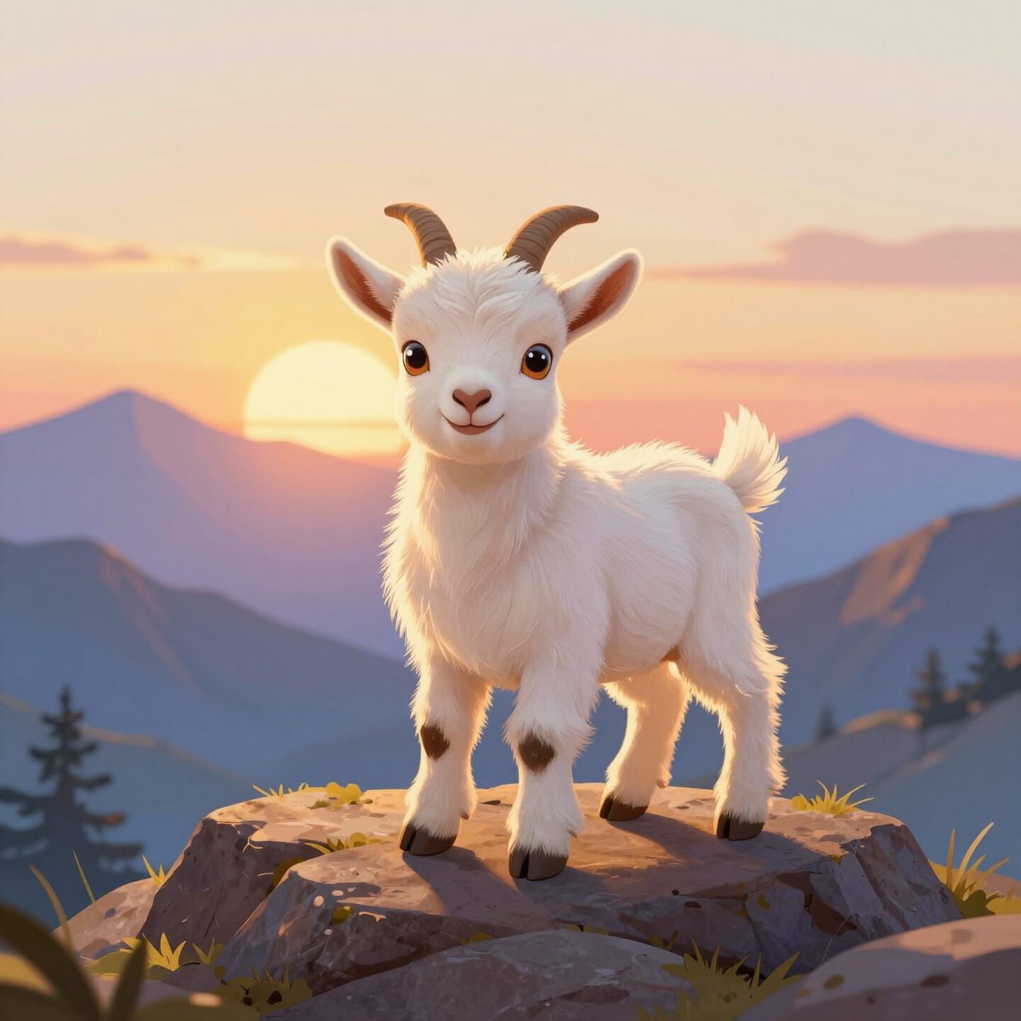 Fluffy Baby Goat at Golden Hour Mountain Sunset