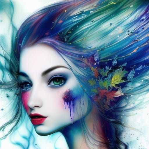 Beautiful Autumn Fairy Portrait with Ink Dripping