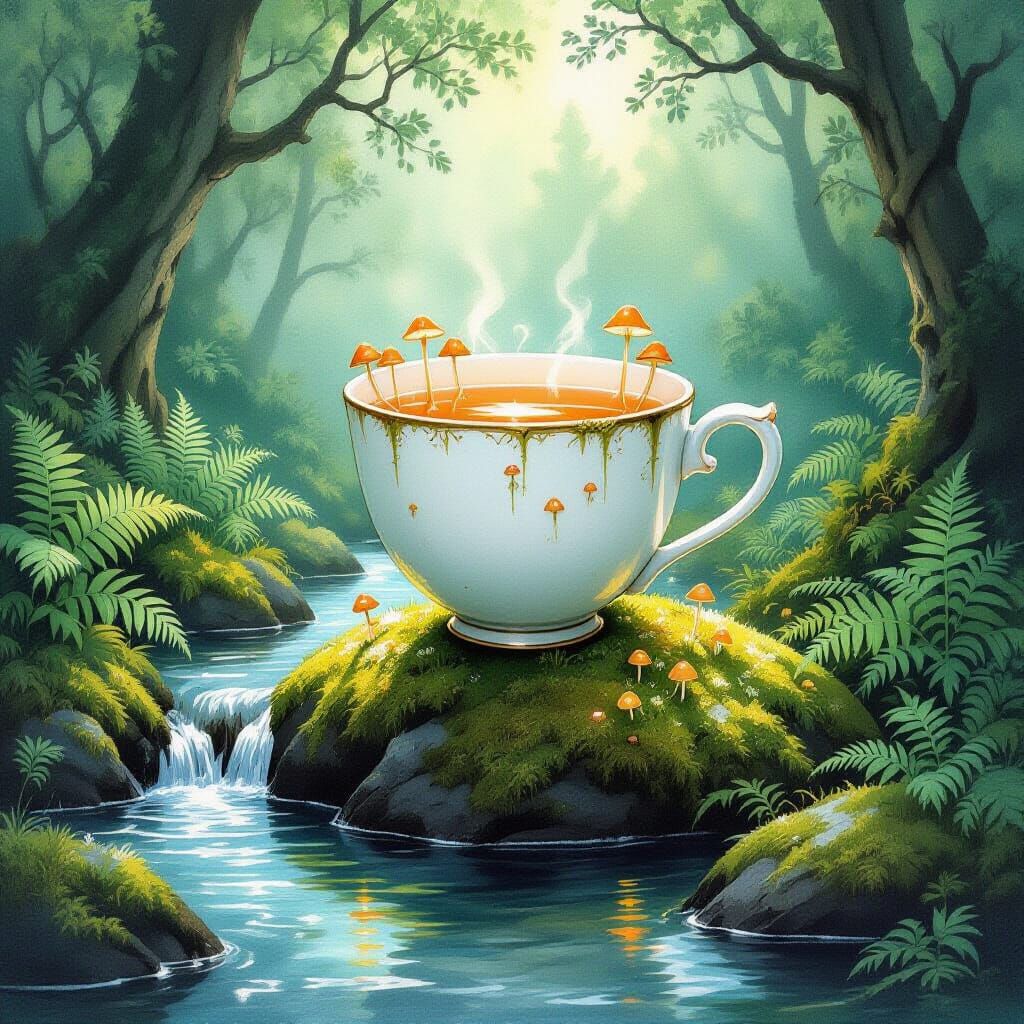 Whimsical Teacup in Forest Brook with Bioluminescent Mushroo...