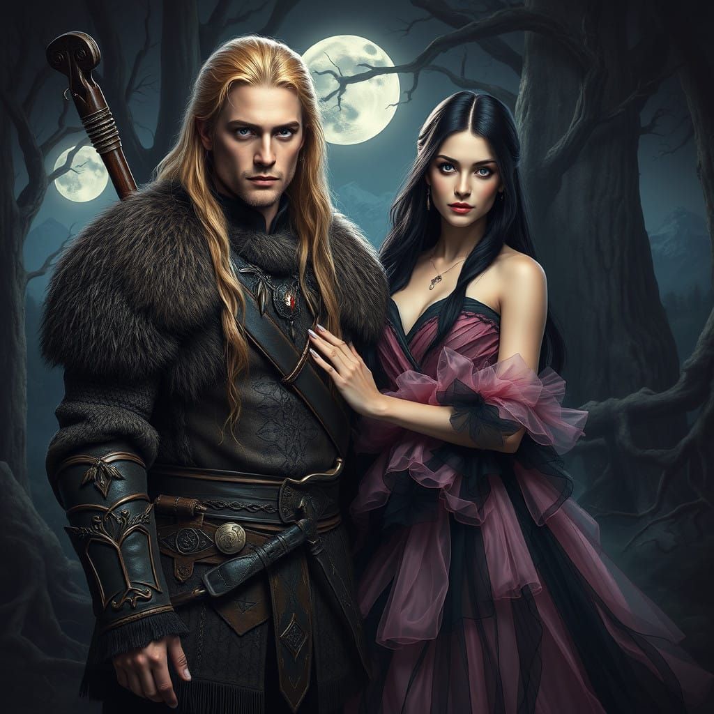 Handsome Scandinavian Warrior and Vampire Queen in Dark Myst...