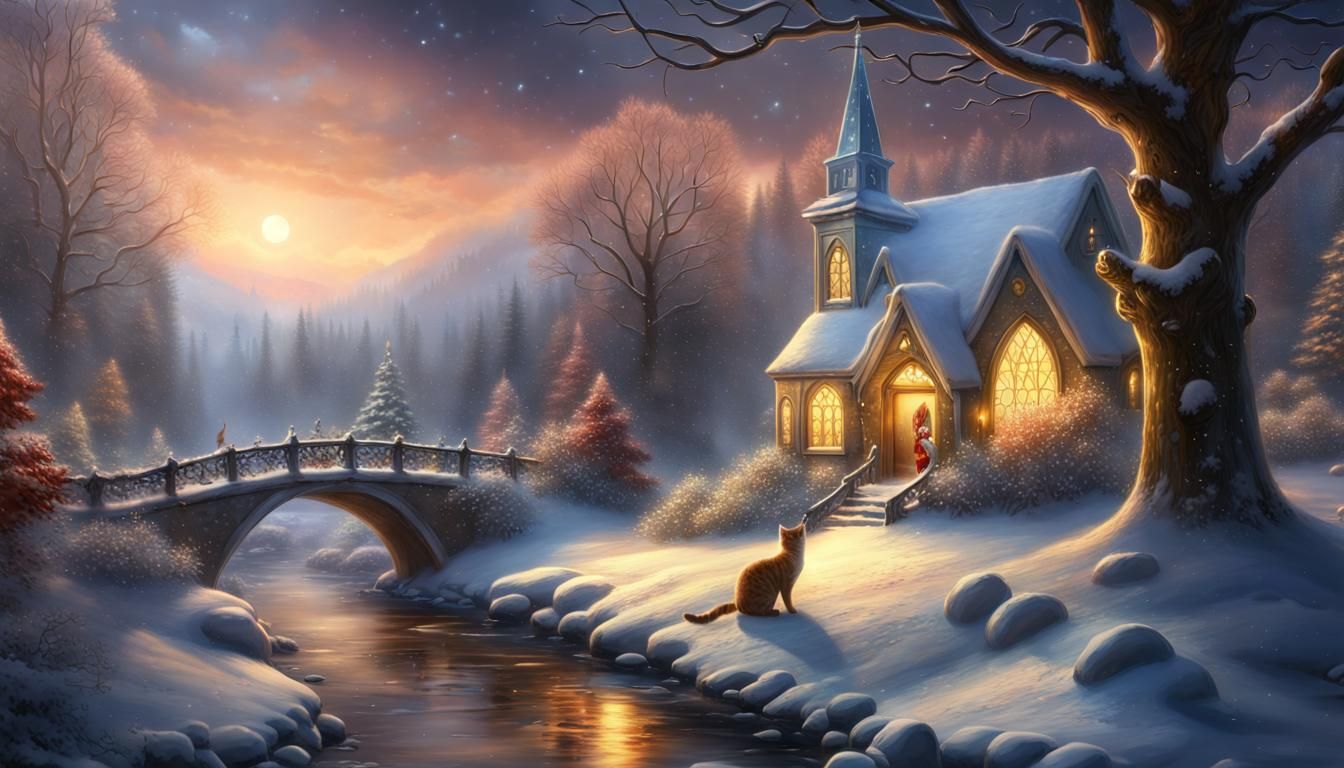 Dreamy Winter Night View with Cat, Kinkade Style