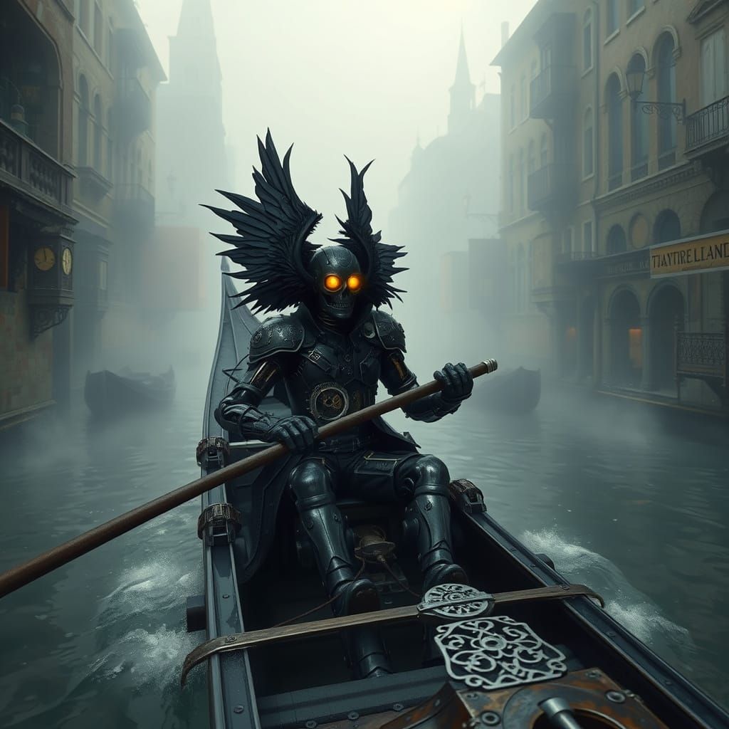 Cyborg Gondolier Sails through Forgotten City Canals in Dark...