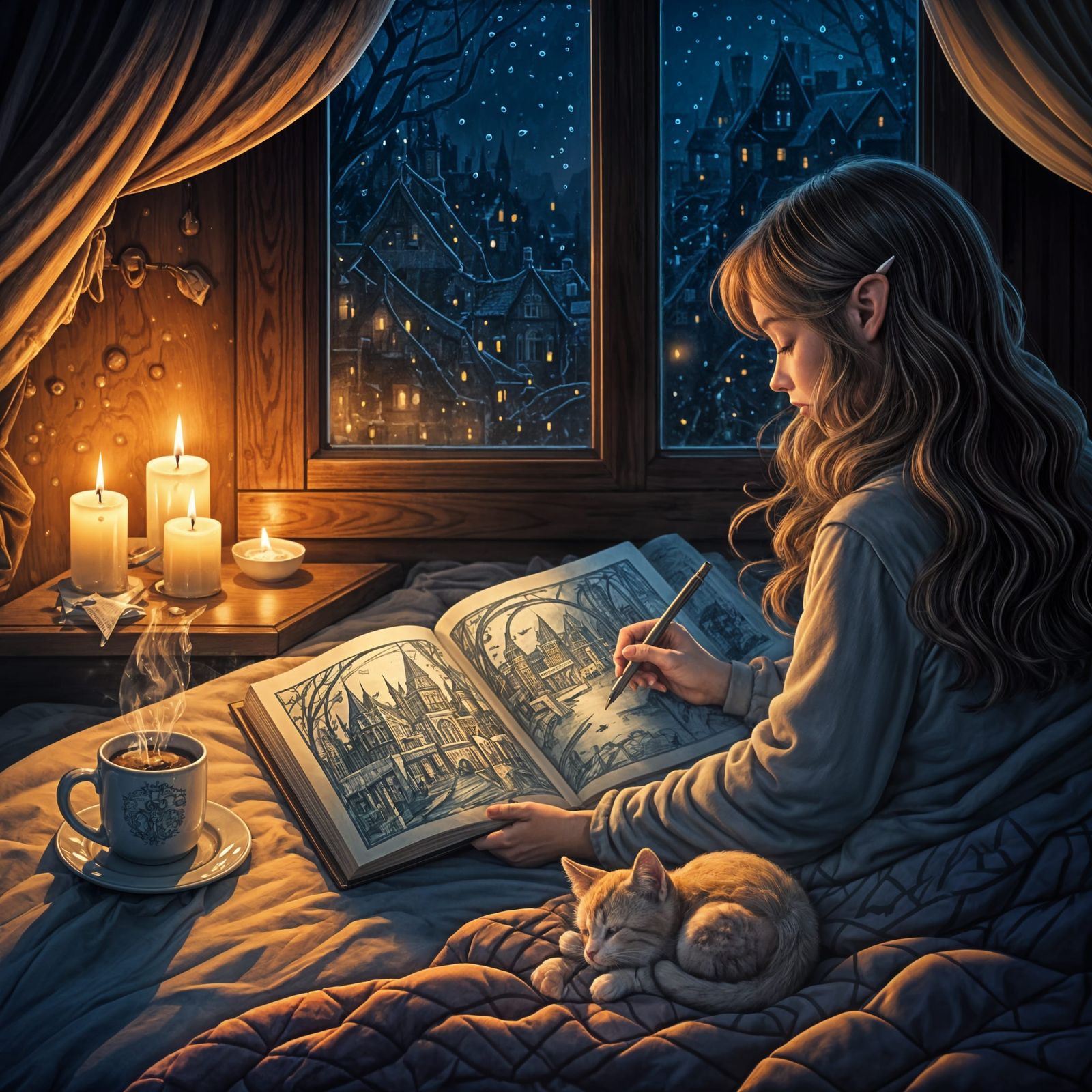 Cozy Girl Sketching Elvish Cityscape on Rainy Day