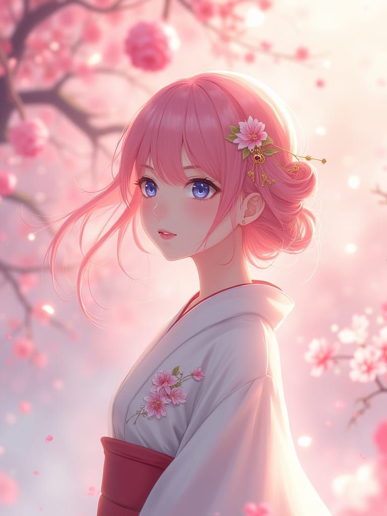 Anime Girl in Kimono Under Cherry Blossoms