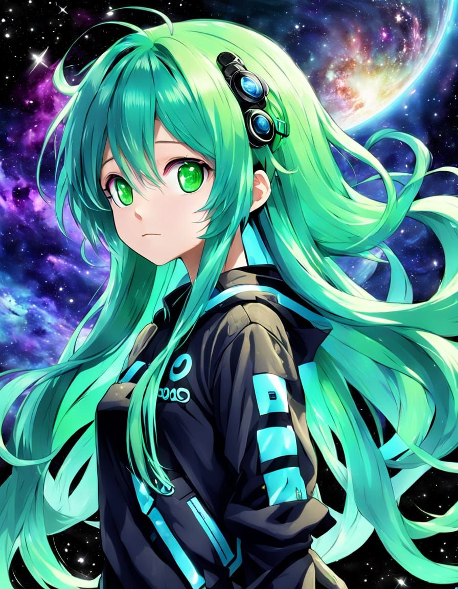 Vocaloid Goddess Among Starry Green Galaxy Skies