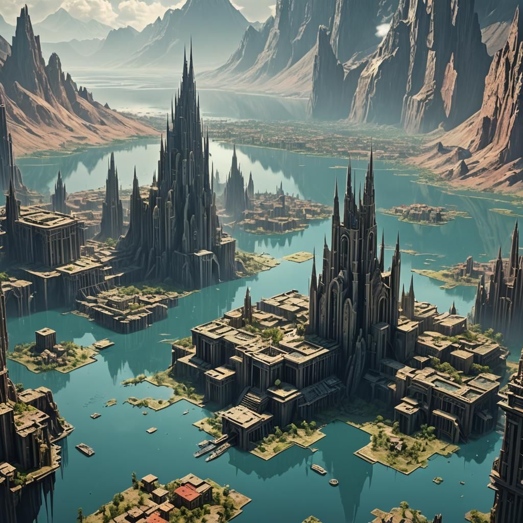 Flooded Sci-Fi Skyscrapers in Crater Lake