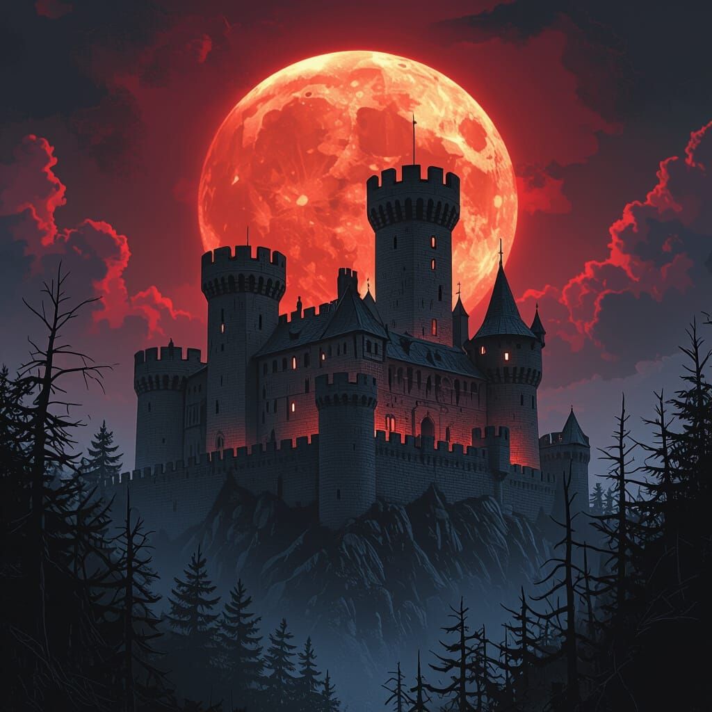 Medieval Castle Under a Blood Moon in Digital Painting Style