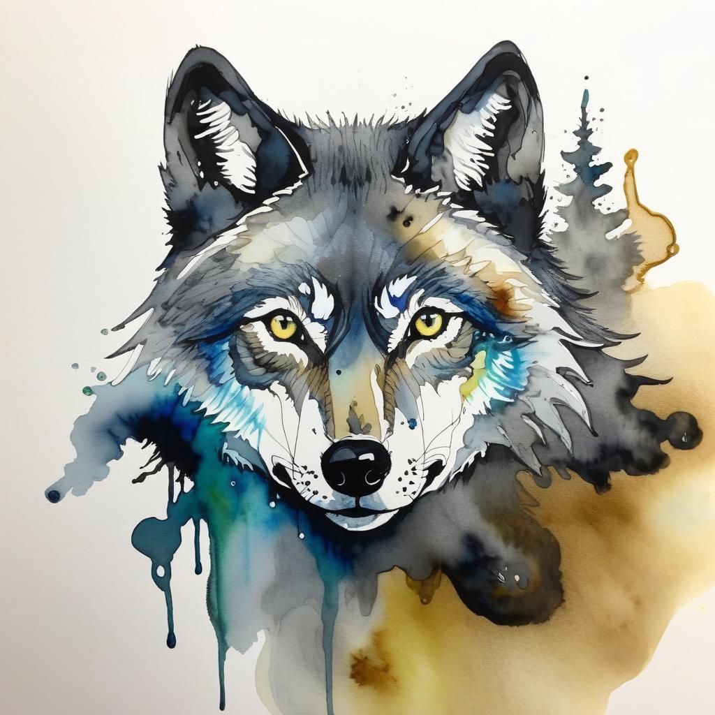 Mystical Grey Wolf Spiritual Guide in Vibrant Alcohol Ink