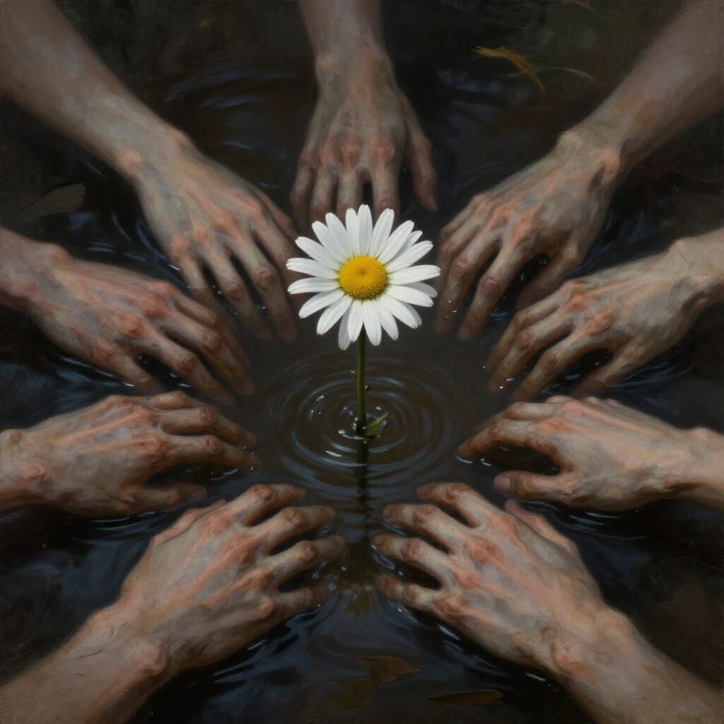 Resilient Daisy Blooms Amidst Macabre Hands in Surreal Oil P...