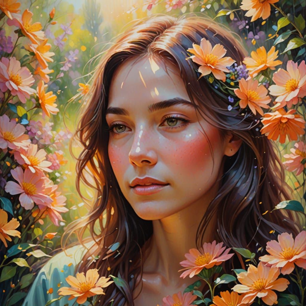 Impressionist Oil Painting of Woman Adorned with Glowing Flo...