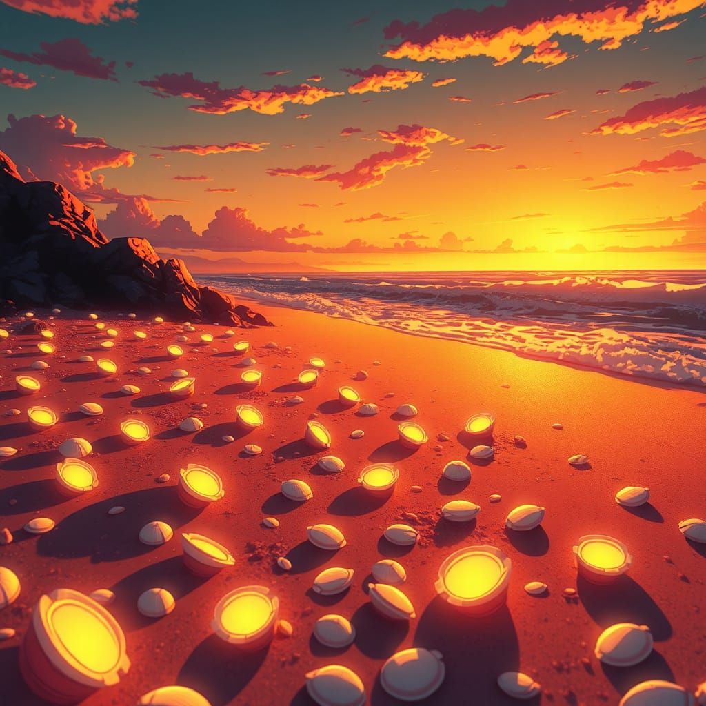 Luminous Shells on Beach at Dusk in Anime Style