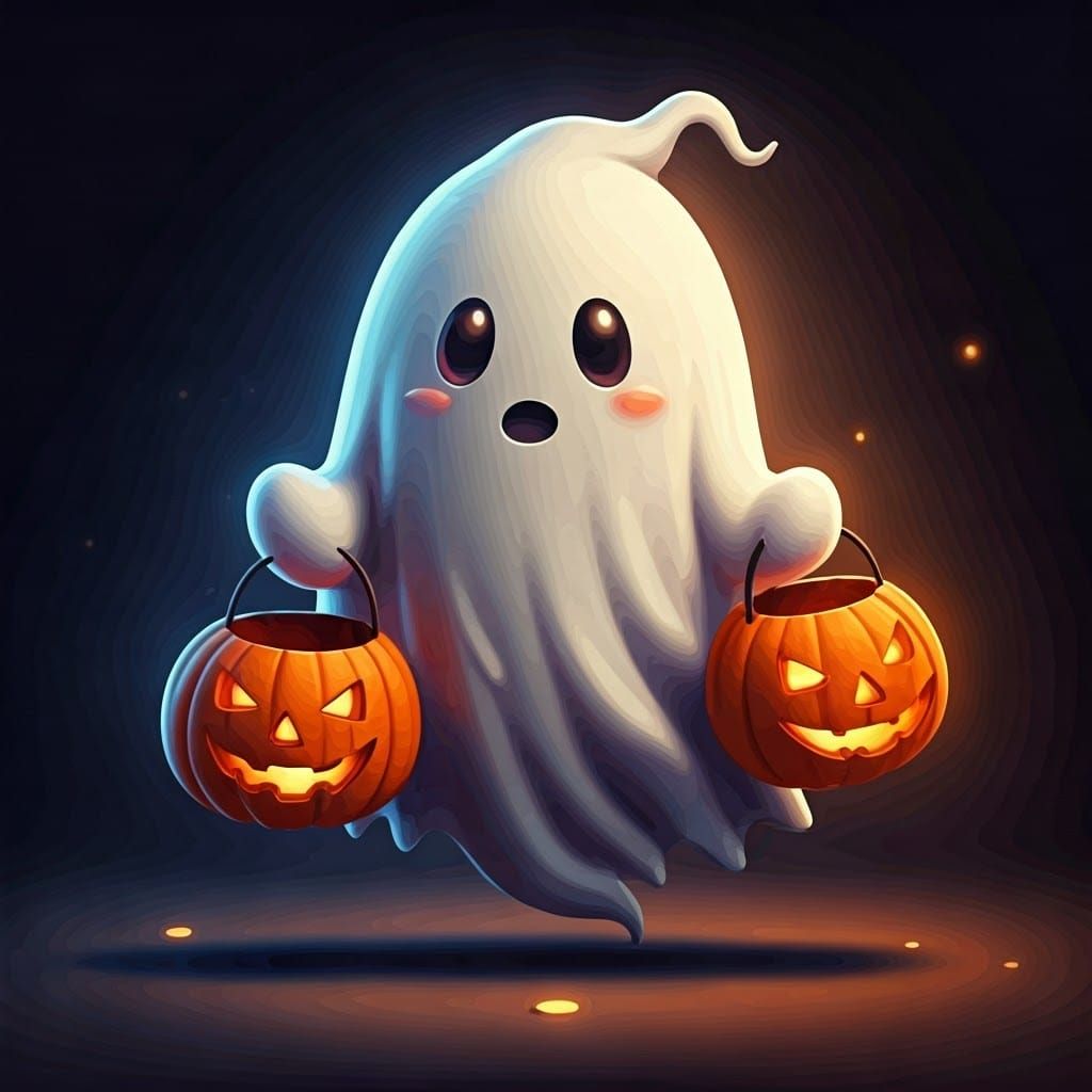Cute Ghost Trick-or-Treating with Jack-o'-Lantern Bag