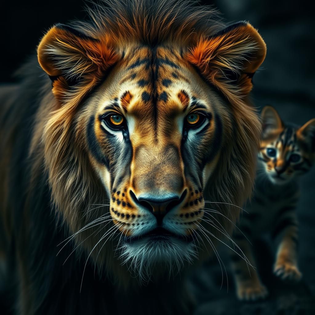 Hyperrealistic Lion and Kitten in High Definition