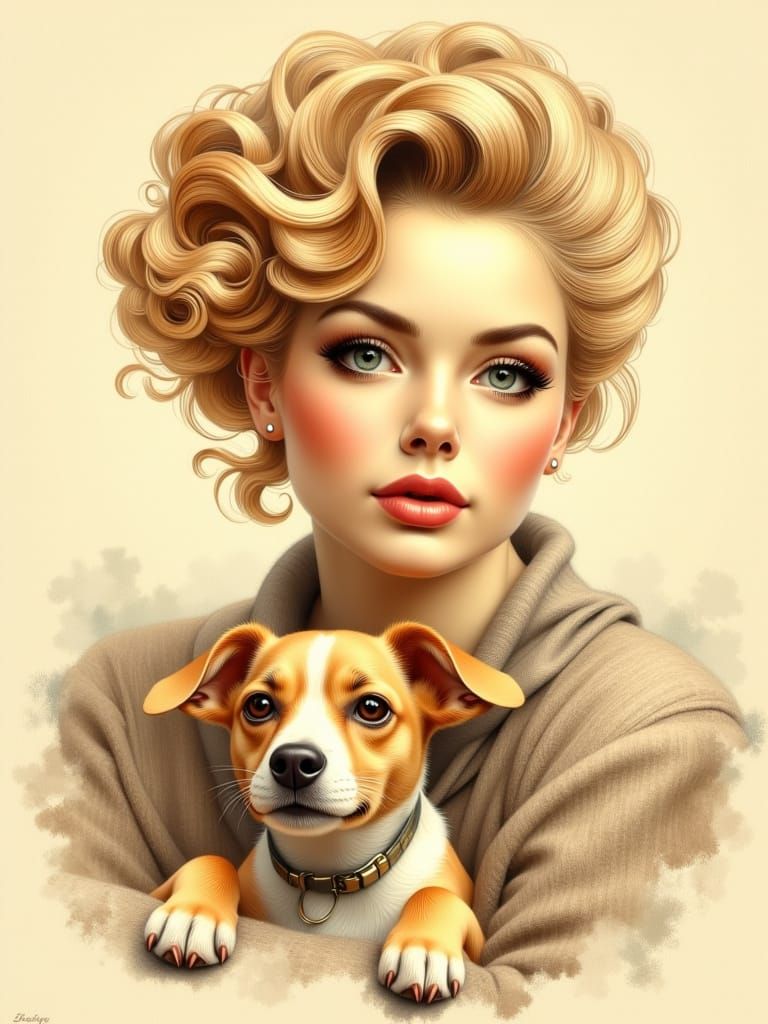 Woman with Dog in Cozy Sweater, Pastel Pencil Art