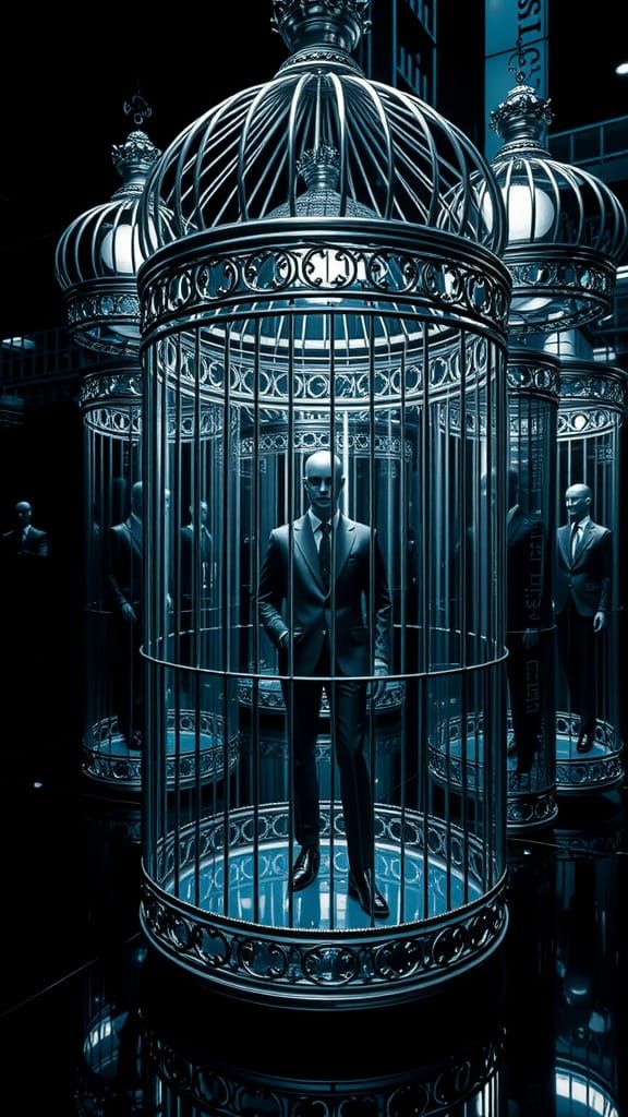 Mannequin Trapped in Surreal Cubist Birdcage Maze