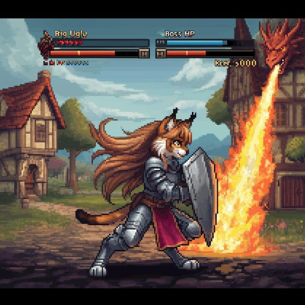 Lynx Knight vs Dragon: 32-bit Pixel Art Boss