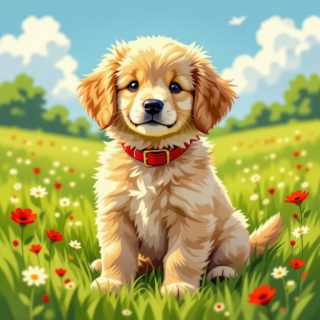 Golden Retriever Puppy in Meadow, Whimsical Art Style