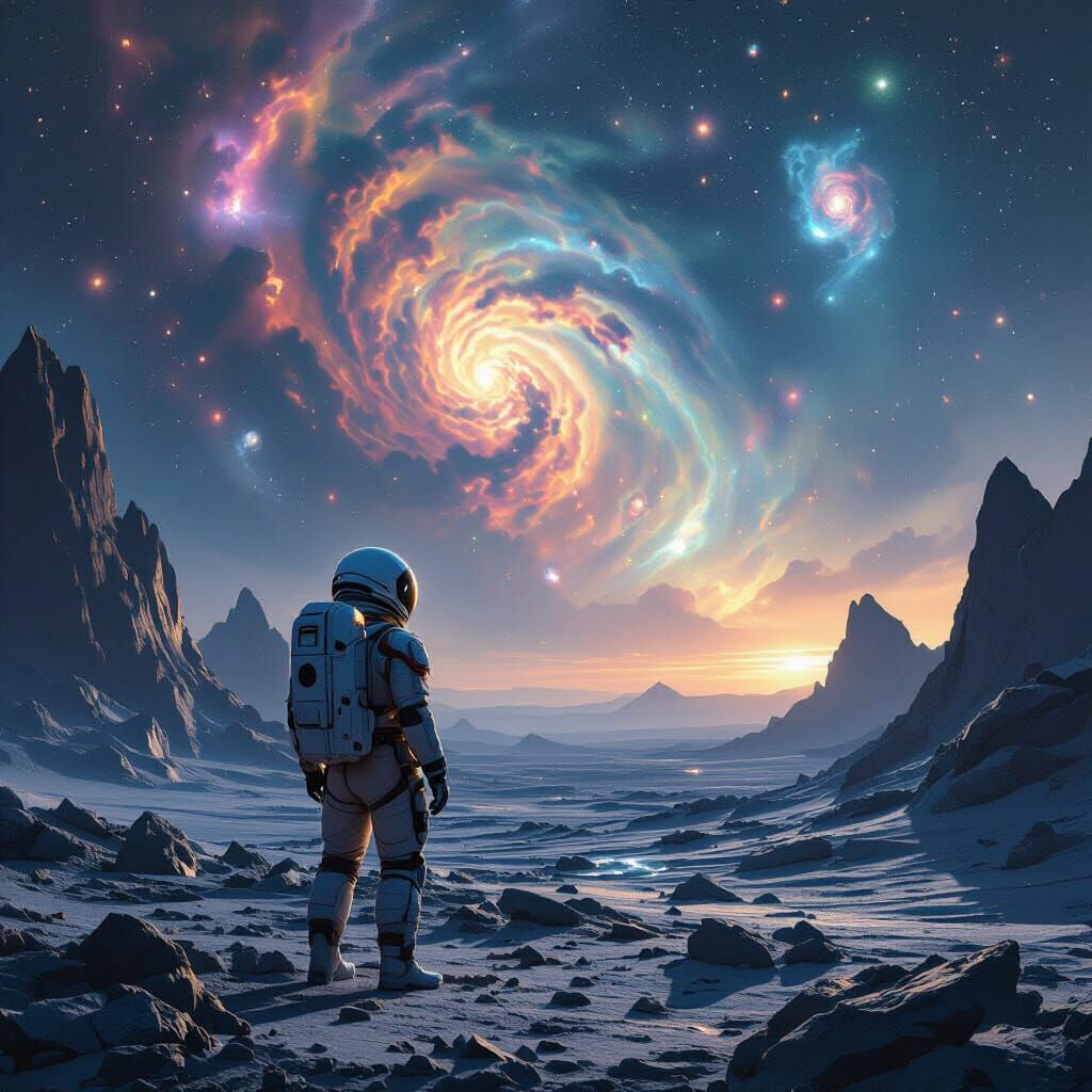 Astronaut Gazing at Alien Sky in Hyperrealism