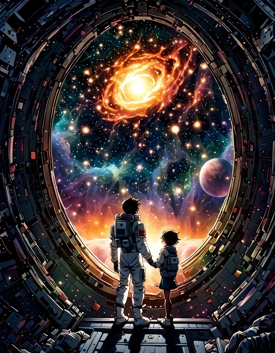 Anime Protagonist in Cosmic Ukiyo-e Landscape