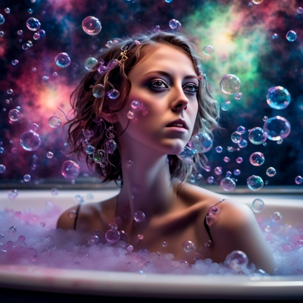 Woman in Opulent Bubble Bath with Nebula