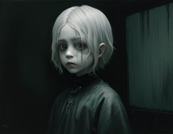 Boy Doll with Ghosts in Attic - Grungy Oil Painting