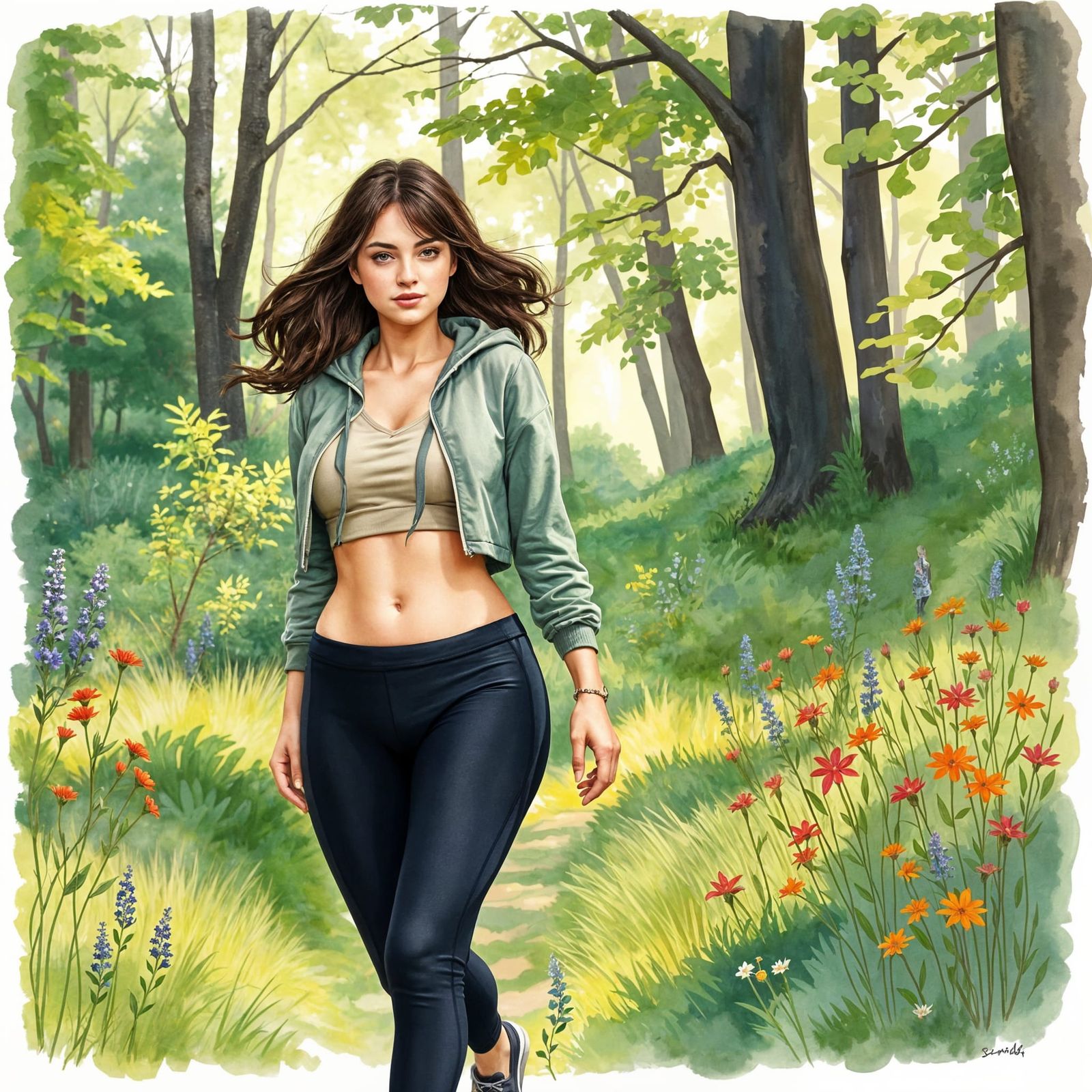 Whimsical Woman in Forest Watercolor