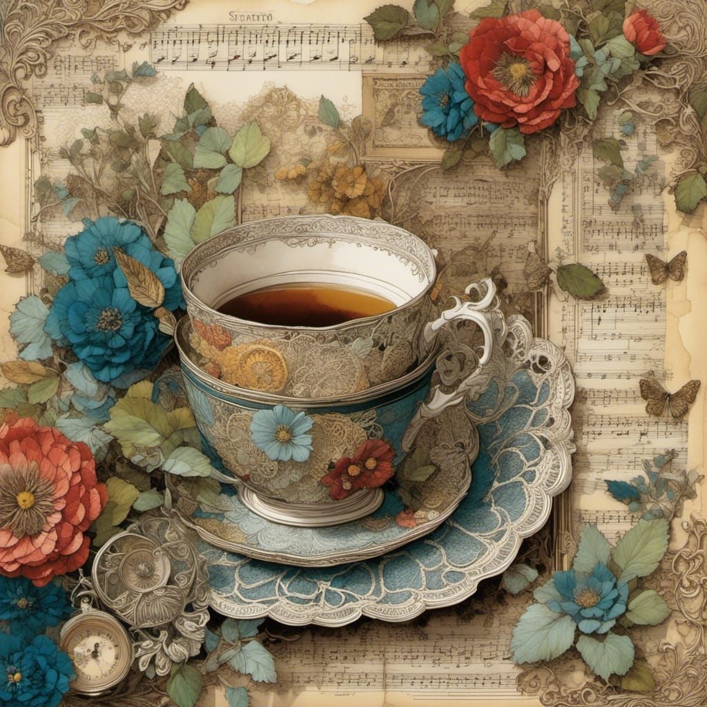 Tea Cup Mixed Media Collage Painting