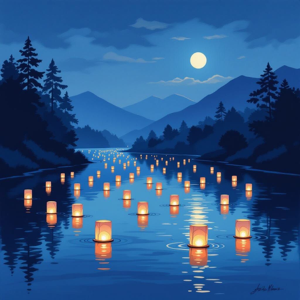 Lanterns Glow on River at Night: Impressionistic Style
