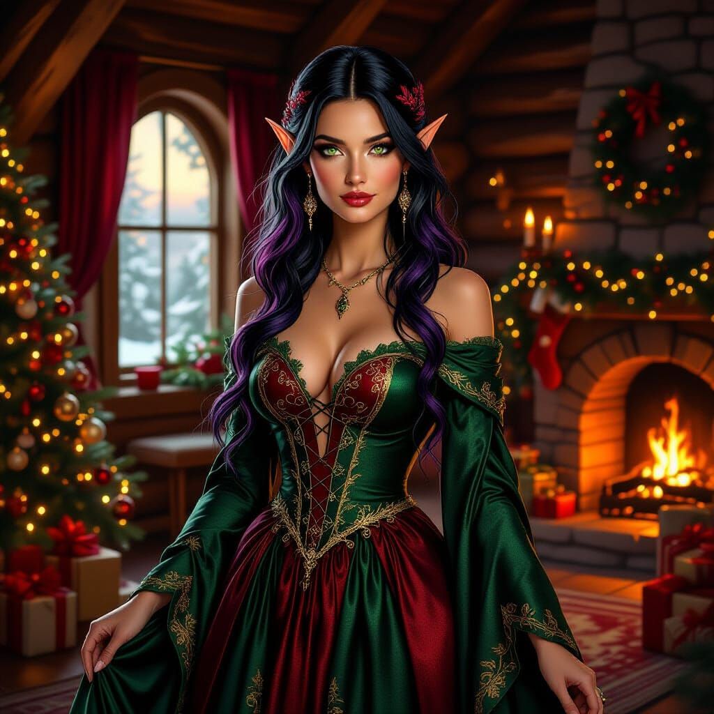 Elegant Elven Woman in Festive Cabin