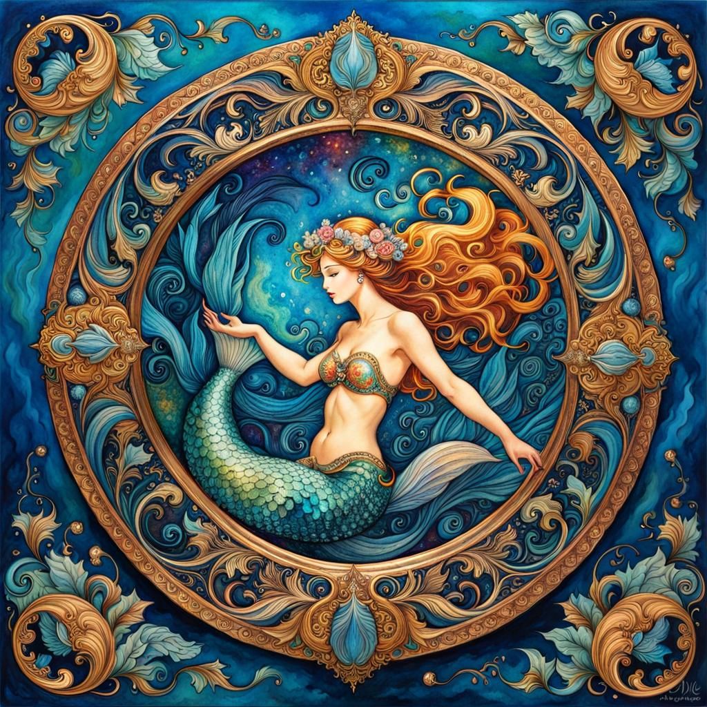 Fantasy Mermaid in Ornate Oxidized Copper Frame