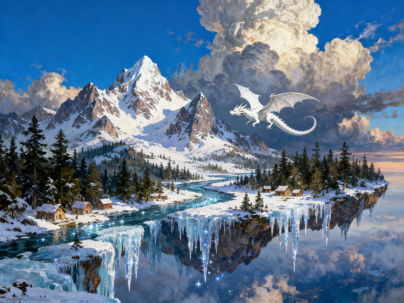 Majestic Floating Island with Dragon in Romantic Landscape S...