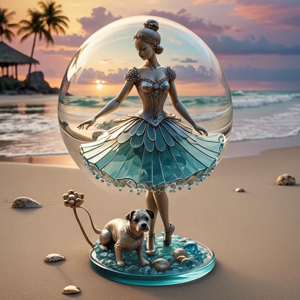 Ballerina in Glass Globe on Tropical Beach