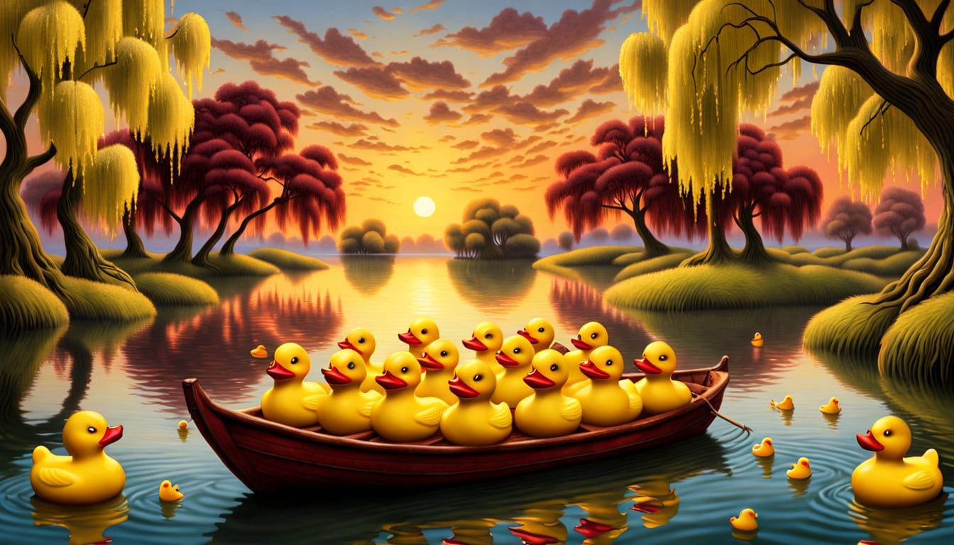 Surrealistic Yellow Rubber Ducks Sail Across Serene Lake Und...