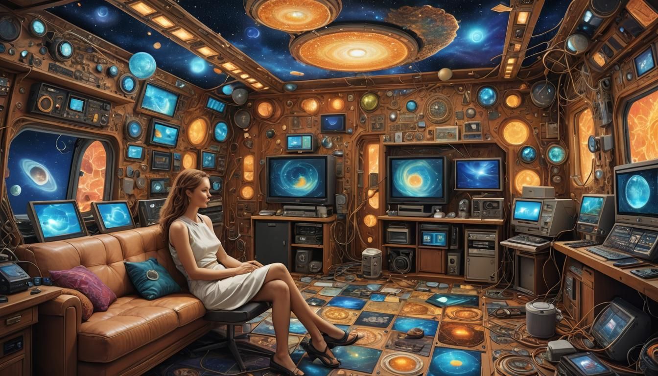 Surreal Fashion Girl in High-Tech Cabin