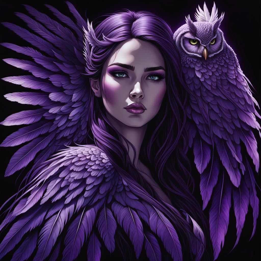 Girl with Owl Wings in Pen Scratch Art