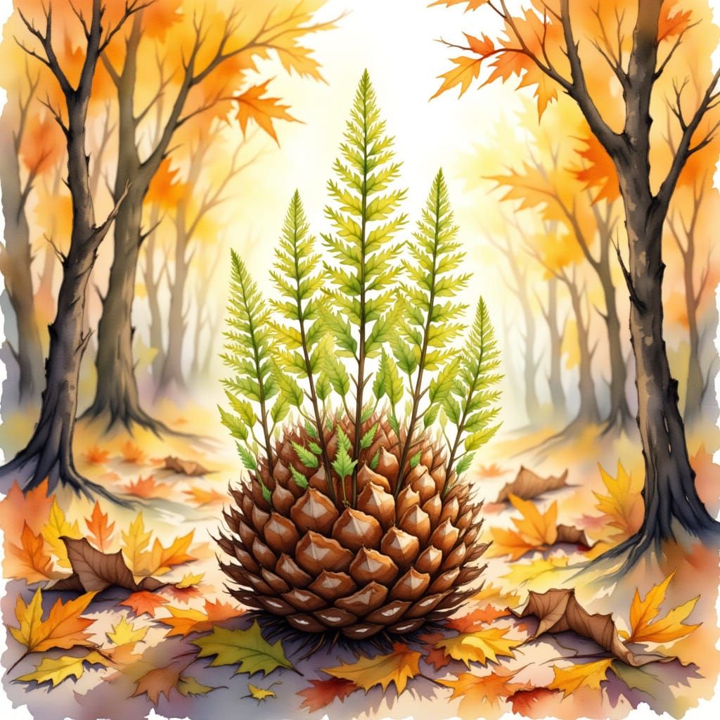 Fir Cone Seedlings in Watercolor and Ink Wash