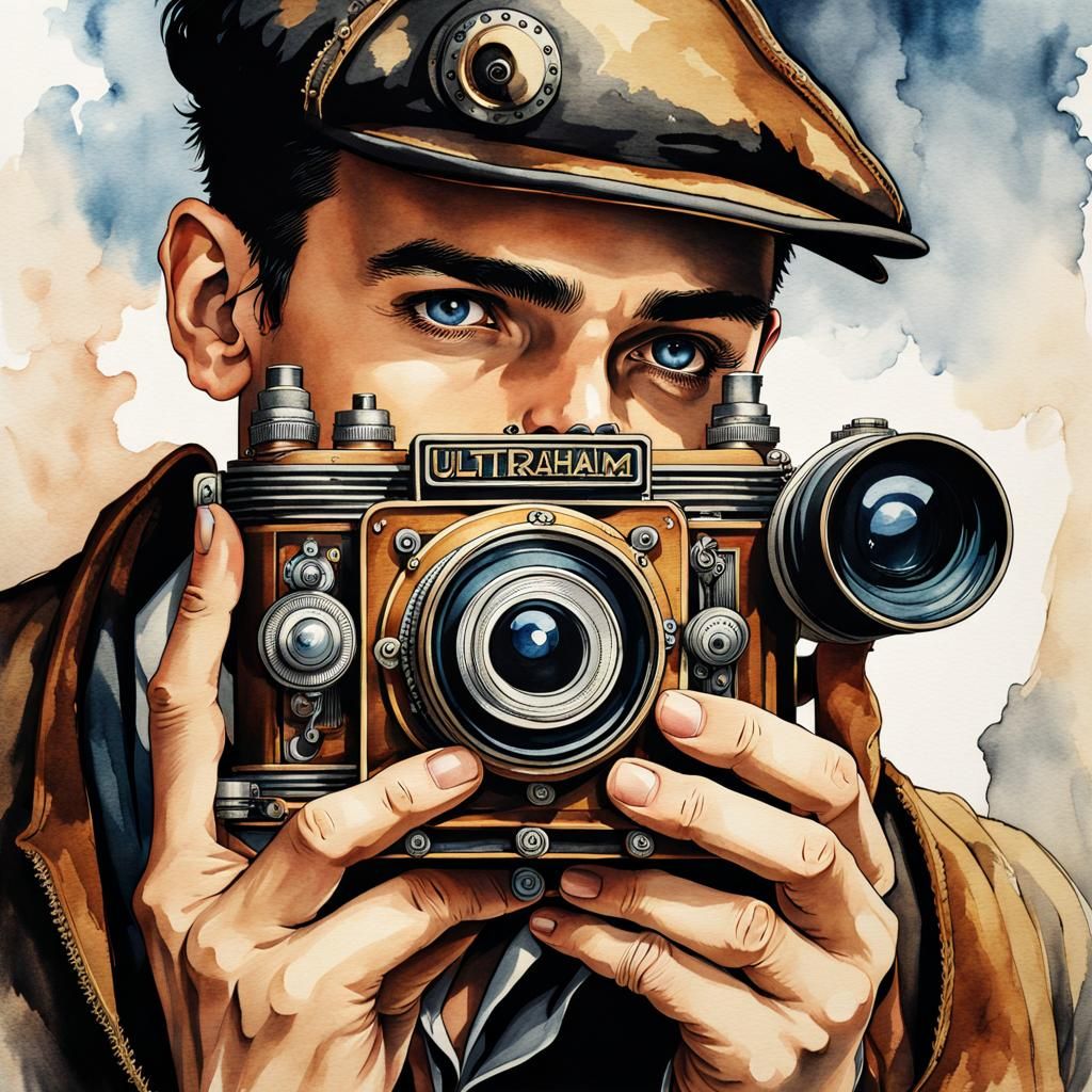 Steampunk Camera Held by Young Man: Watercolor Art