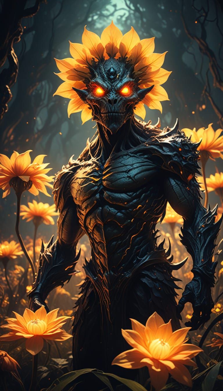 Monsters and Glowing Flowers at Sunrise: Fantasy Oil Paintin...