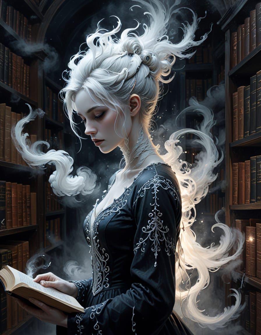 Nightmarish Library with Mist Books in Dark Fantasy Style