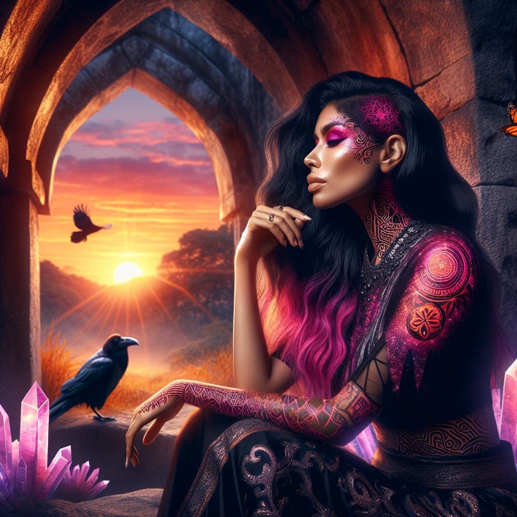 Hispanic Woman with Pink Hair in Sunset Archway