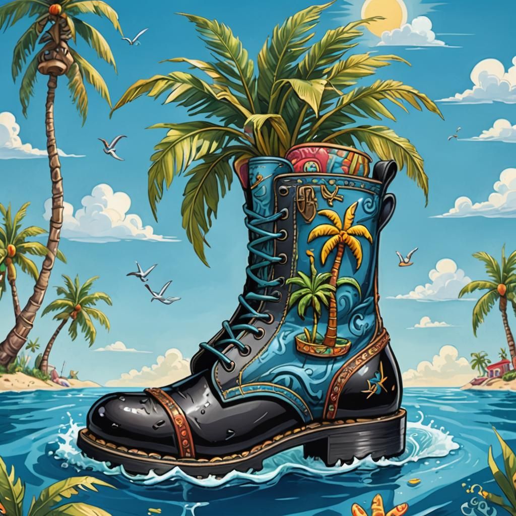 Cartoon Boot Adrift with Palm Tree, Caricature Art