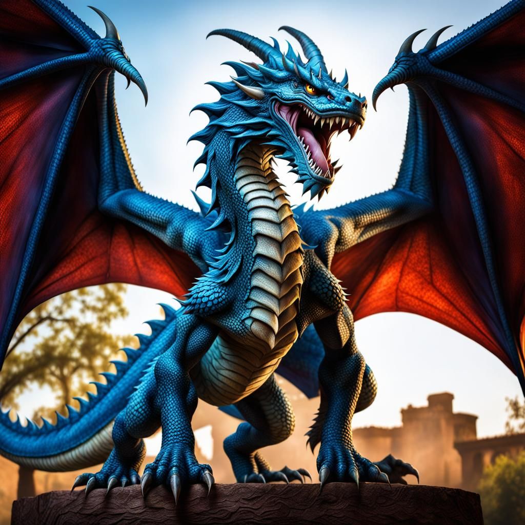 Winged Blue Dragon in Hyperrealistic Style