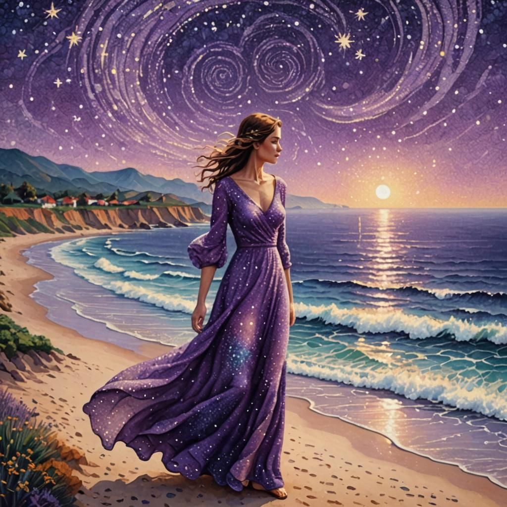 Pointillist Woman on Beach Under Starry Sky