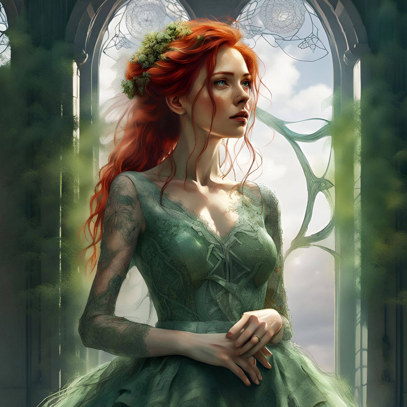 Gorgeous Red-Haired Bride in Green Lace Dress