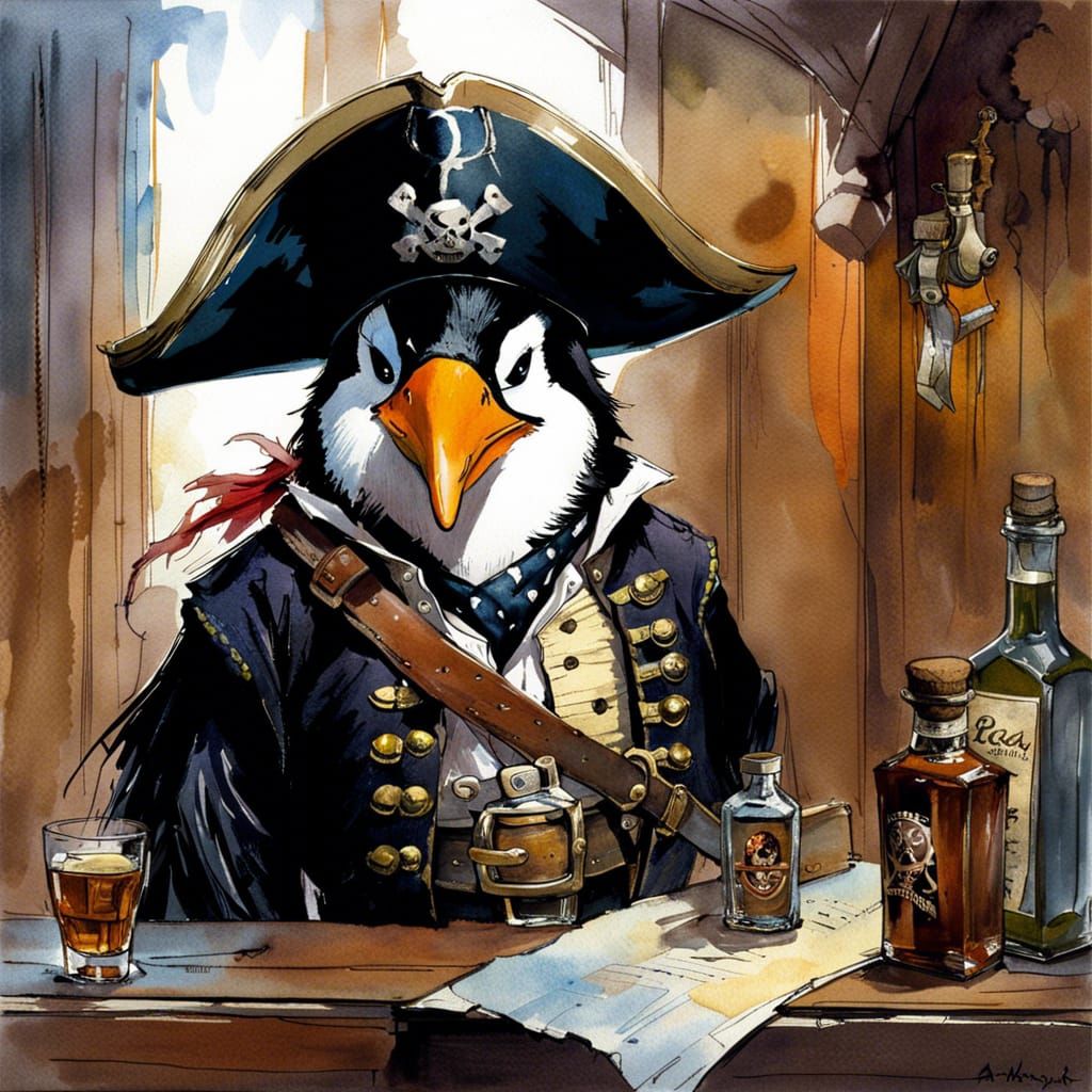 Pirate Penguin in Tavern: Watercolor and Sketch