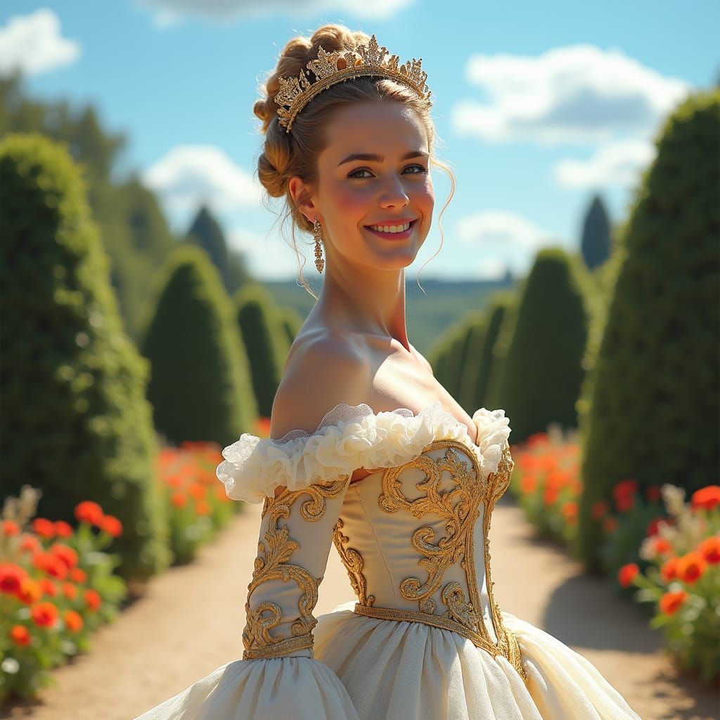 Elegant Woman in Versailles Garden, Impressionistic Style