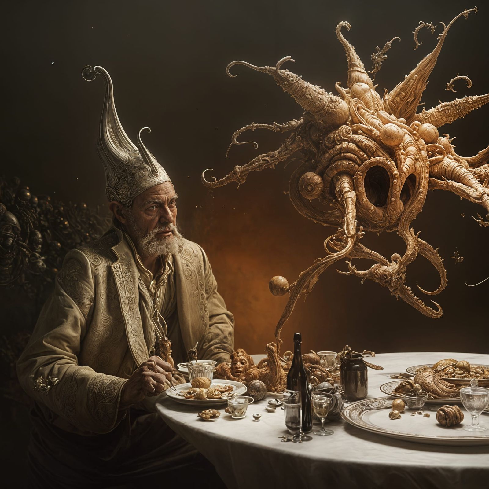Bizarre Futuristic Feast: Hyperrealistic Dreamlike Panorama